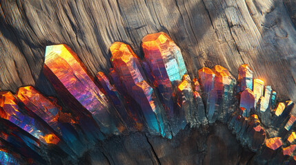 Poster - Rainbow light refraction on wood texture with iridescent crystals