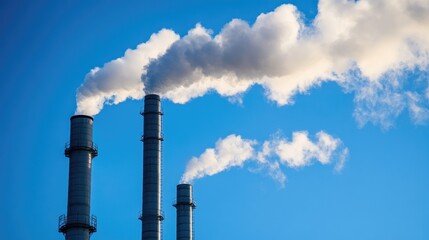 Poster - Cooling towers at a gas processing facility emitting steam under a blue sky
