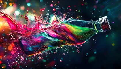 Poster - A vibrant splash of color erupts from a glass bottle as liquid bursts out, showcasing a dynamic and eye-catching design perfect for advertising or creative projects.