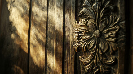 Poster - Intricate wooden texture with carvings and soft light for interior design and art projects