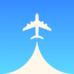 Wall Mural - white airplane on sky blue cloudy background. vector minimal icon or logo.