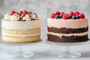 Poster - Beautifully decorated layer cakes with fresh fruit and chocolate on display at a bakery in the morning light. Generative AI