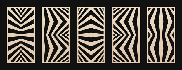 Aufkleber - Laser cut patterns set. Vector abstract geometric panels. Ornament with lines, stripes, zigzag, chevron, optical illusion. Decorative stencils for cutting of wood, metal, plastic. Aspect ratio 1:2