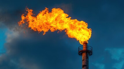 Poster - Industrial flare system burning excess gas with a dramatic flame against the sky