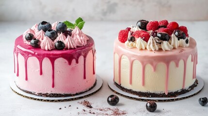 Poster - Decorative cakes with berry toppings displayed on a white surface during a dessert event or celebration. Generative AI