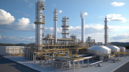 Poster - Large-scale mineral refinery with a network of metal pipes and storage tanks