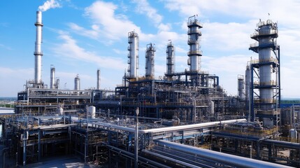Poster - Large petrochemical refinery with distillation towers, pipelines, and storage tanks