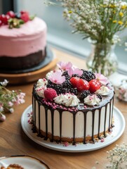 Poster - Beautifully decorated cake topped with fresh berries and flowers in a cozy cafe setting during springtime afternoon. Generative AI
