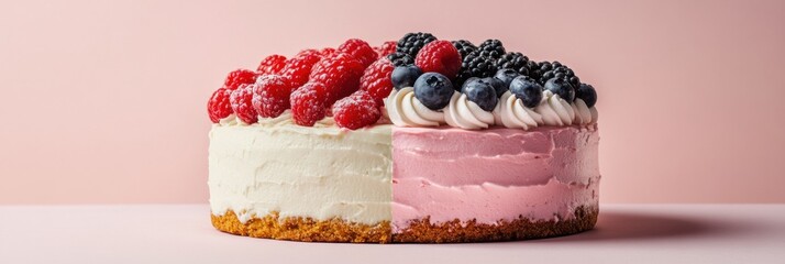 Poster - Delicious layered cake topped with fresh berries on a pastel background in a bright indoor setting. Generative AI