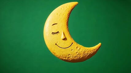 Poster - Yellow crescent moon with closed eyes and serene smile floats on a vibrant green screen background, ideal for compositing and creative projects