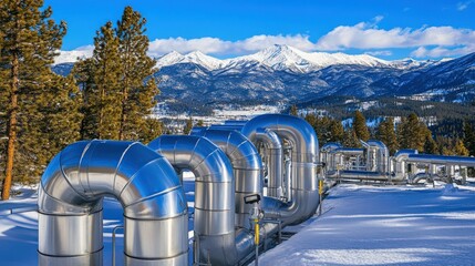 Sticker - Snow-covered landscape featuring metallic pipelines in the foreground with majestic mountains