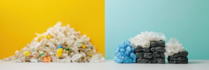 Aufkleber - Pile of plastic waste contrasted with neatly organized recycled plastic products in a vibrant setting. Generative AI