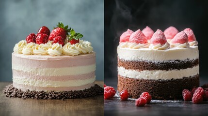 Poster - Delicious layered cakes decorated with fresh berries on a wooden table in a well lit kitchen setting. Generative AI