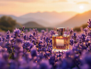 Poster - A bottle of lavender perfume set against a backdrop of a serene lavender field during sunset, with the sun casting a warm, golden hue over the scene. The bottle is the central focus, surrounded by the