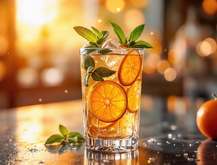 Aufkleber - A glass of iced tea garnished with slices of orange and mint leaves, placed on a reflective surface. To the right of the glass, there's an orange, and the background is softly blurred, suggesting a wa