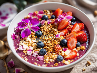 Poster - A bowl filled with a vibrant mix of berries, granola, and other toppings, placed on a surface with a spoon beside it. The background is slightly blurred, emphasizing the bowl as the main subject.