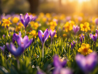 Poster - A vibrant field of purple and yellow crocuses bathed in the golden light of a setting or rising sun, with a blurred background that adds a dreamy quality to the scene.