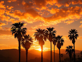 Poster - A vivid sunset with silhouetted palm trees against a backdrop of a setting sun, casting a warm, golden hue across the sky. The sun's rays pierce through the clouds, illuminating the trees and creating