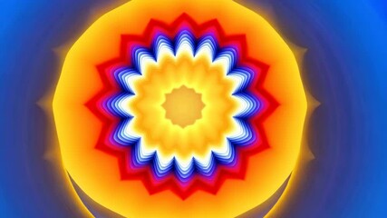 Poster - Vibrant Abstract Design Symmetrical Multicolored Pattern Resembling Flower with Layers of Yellow, Red, and Blue, Featuring Radiant Starburst Effect for Dynamic Visual Experience