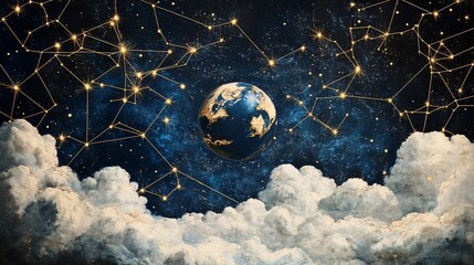 Wall Mural - Mystical Earth floating among constellations with clouds and a starry night sky