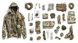 Advanced hunting camouflage gear set for outdoor adventures natural environment product showcase close-up view
