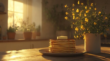 Poster - Sunlit kitchen, pancakes, butter, syrup, flowers, breakfast, morning, home