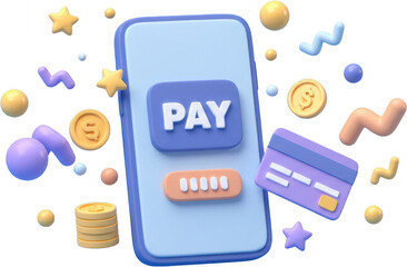 mobile payment app interface with credit card and coins 3d render