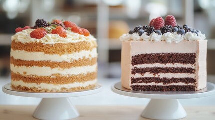 Aufkleber - Delicious layered cakes on stands decorated with fresh berries at a bakery during daylight hours. Generative AI