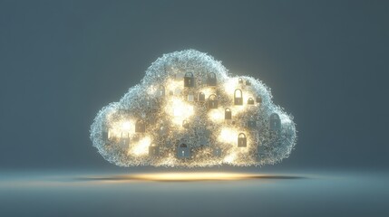 Fototapete - Multiple glowing padlocks safeguarding data within a stylized cloud formation, symbolizing robust cloud computing security measures and data protection in the digital age