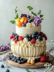 Poster - Delicious two tiered cake adorned with fresh berries and vibrant flowers at an elegant dessert display. Generative AI