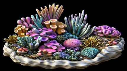 Vibrant coral reef display, isolated on black background.  Possible use education, design, or print