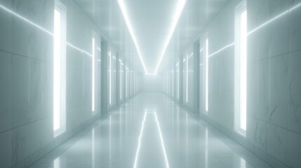 Wall Mural - Futuristic hallway, glowing lights, reflective floor, white walls, modern architecture, design background