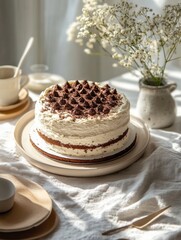 Poster - Delicious chocolate cake on a rustic table with flowers and coffee in a cozy, sunlit setting. Generative AI