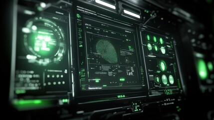 Poster - Futuristic glowing green head up display showcasing biometric fingerprint data and facial recognition patterns on multiple screens in a dark environment, perfect for cybersecurity projects