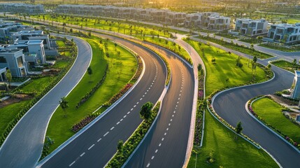 Wall Mural - Aerial view of winding roads through a lush green residential area during sunset