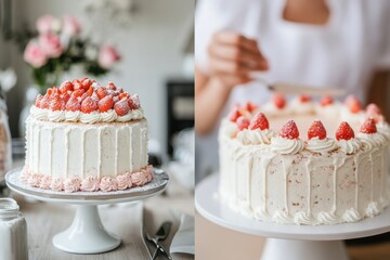Poster - Stunning layered cake adorned with fresh strawberries being decorated in a cozy kitchen setting. Generative AI