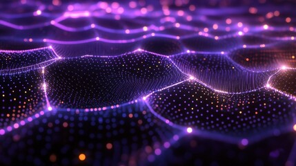 Poster - cybersecurity mesh with glowing purple and orange dots forming a digital wave on a black background,