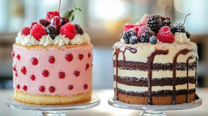 Aufkleber - Delicious layered cakes with vibrant fruits at a dessert shop on a sunny afternoon. Generative AI