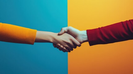 Poster - Hands shake firm between two individuals on a colorful background with contrasting blue and orange hues. Generative AI