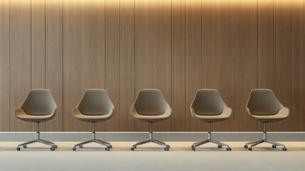 Wall Mural - Five Modern Chairs Sit in Front of Wooden Wall