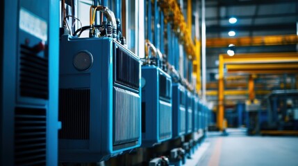 Poster - Blue Electrical Devices Aligned In A Industrial Warehouse Setting