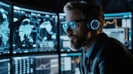 Aufkleber - illuminated by the glow of multiple computer screens, a security analyst wearing headphones and glas