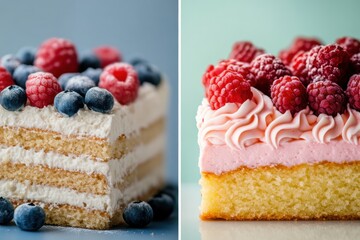 Poster - Delicious layer cakes adorned with fresh berries on a light blue background during bright daylight. Generative AI