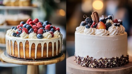 Aufkleber - Delicious cakes with fresh fruits displayed on wooden pedestals in a bright bakery setting. Generative AI
