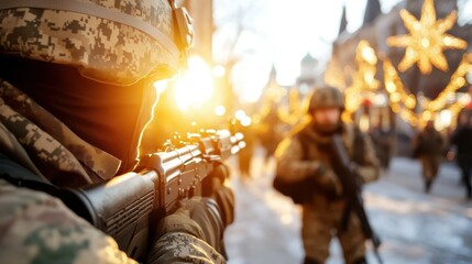 Night operation of special forces team during festive street patrol