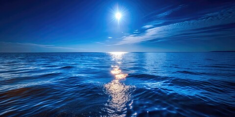 serene nightscape: a stunning, calm ocean bathed in moonlight, a peaceful celestial seascape.