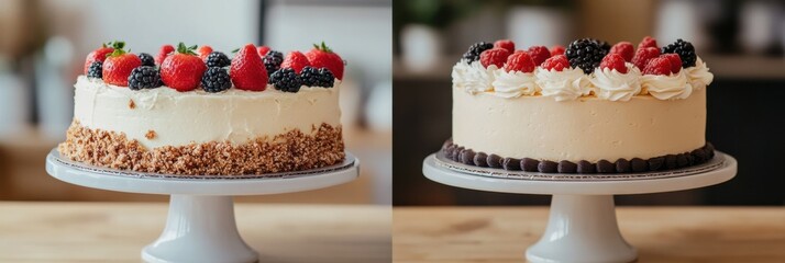 Poster - Delicious berry topped cakes presented on a decorative stand in a cozy indoor setting. Generative AI
