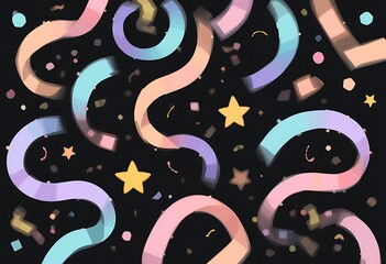 Poster - Colorful Curving Ribbons and Confetti Pattern on a Black Background