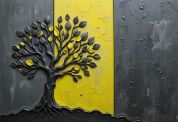 Poster - A Textured Abstract Tree with Yellow and Grey Accents