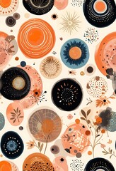 Aufkleber - A pattern of circles and various flower or leaf elements